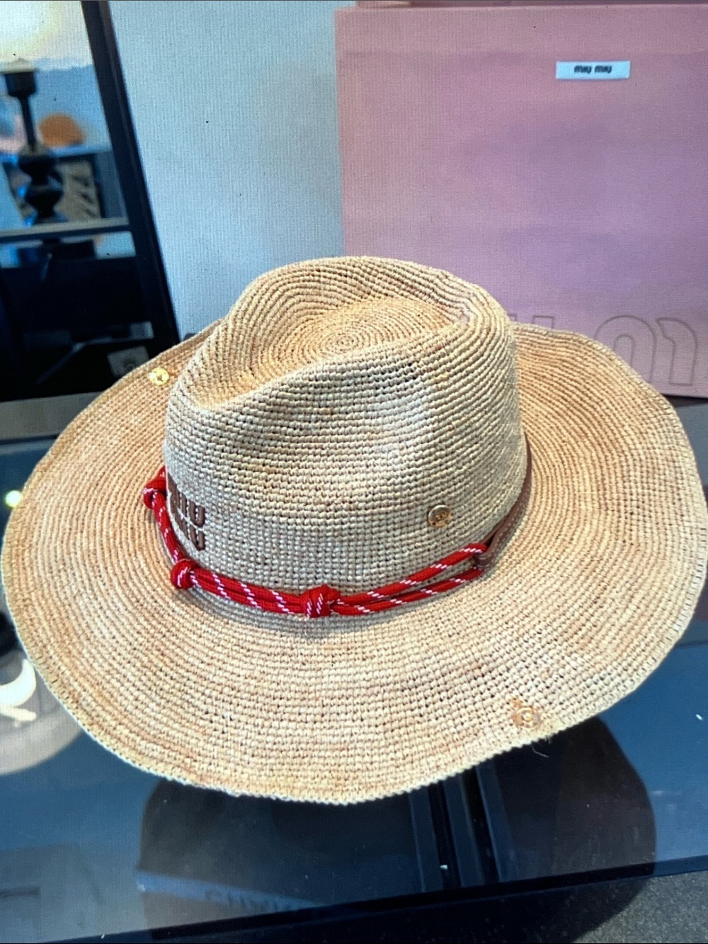 Miu Miu Raffia Cowboy Straw Hat Red Rope Band Embroidered Logo Sun Hat - Picture 5 of 7